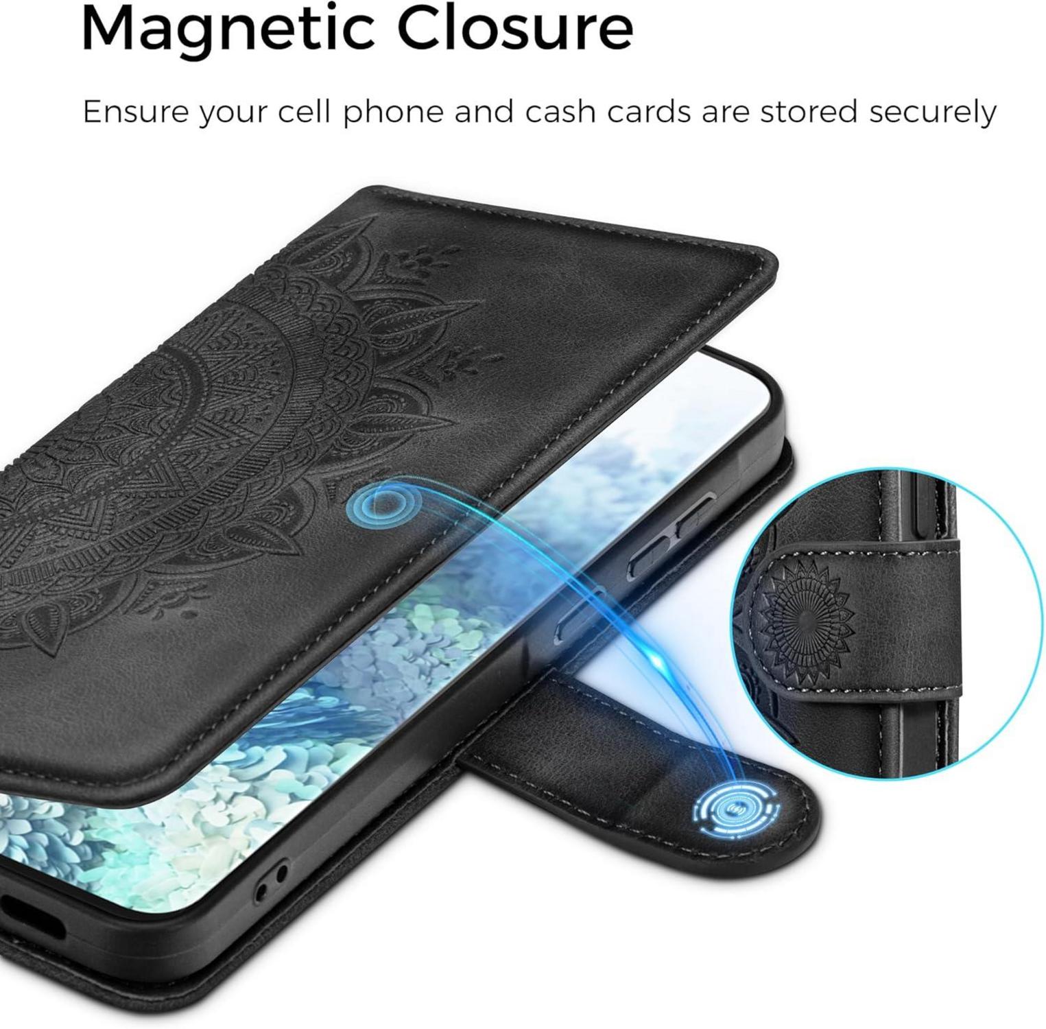Samsung Galaxy S20 Lederhülle Flip Wallet Schwarz - Kartenfach, Magnet, Ständer - Prägung Klapphülle Schutzhülle