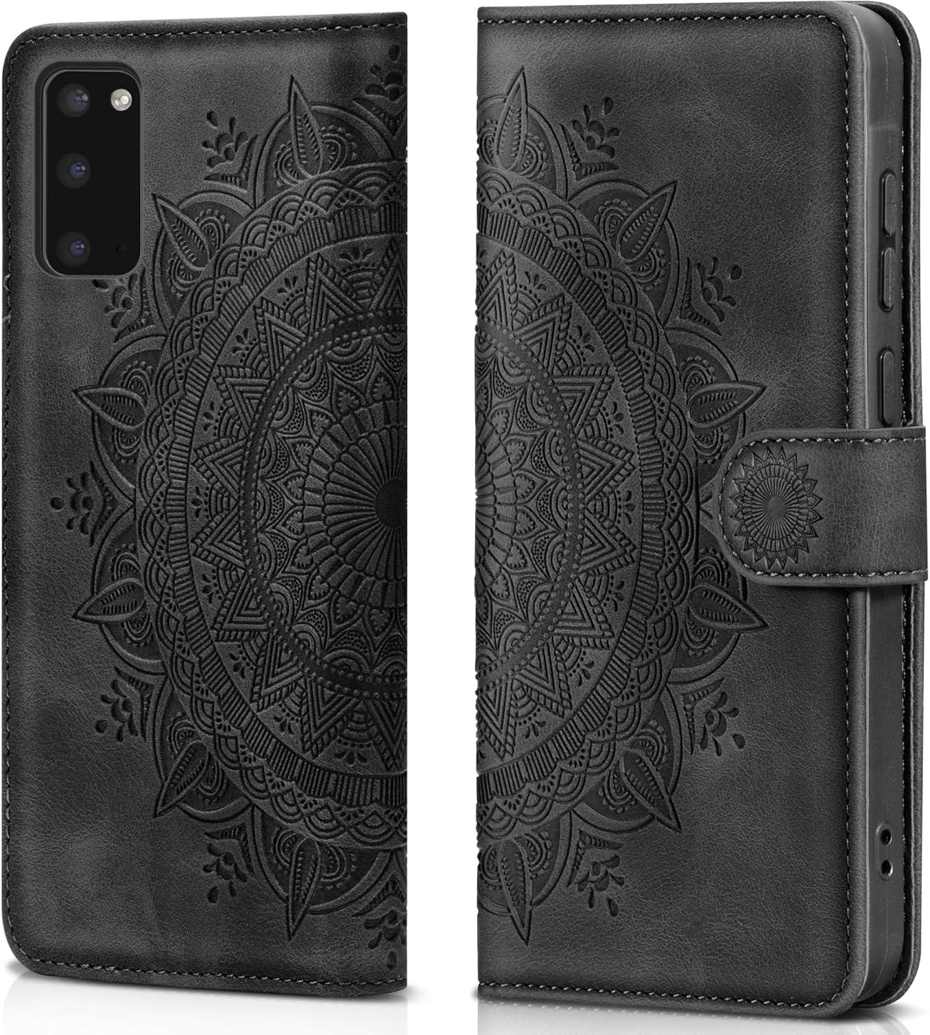 Samsung Galaxy S20 Lederhülle Flip Wallet Schwarz - Kartenfach, Magnet, Ständer - Prägung Klapphülle Schutzhülle