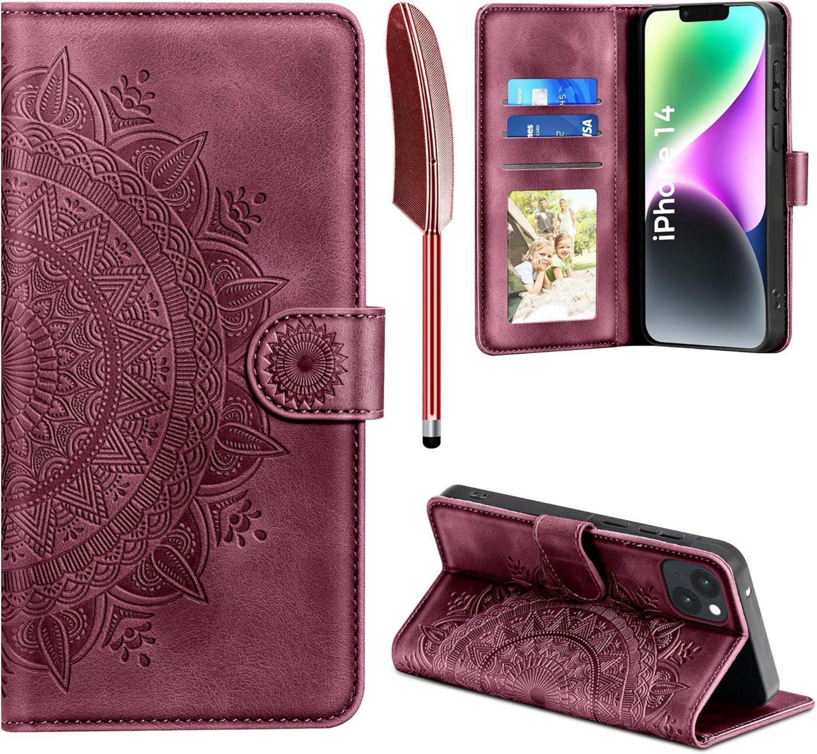 iPhone 14 Flip Wallet PU Lederhülle Weinrot Magnet Ständer