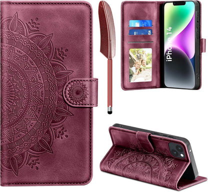 iPhone 14 Flip Wallet PU Lederhülle Weinrot Magnet Ständer