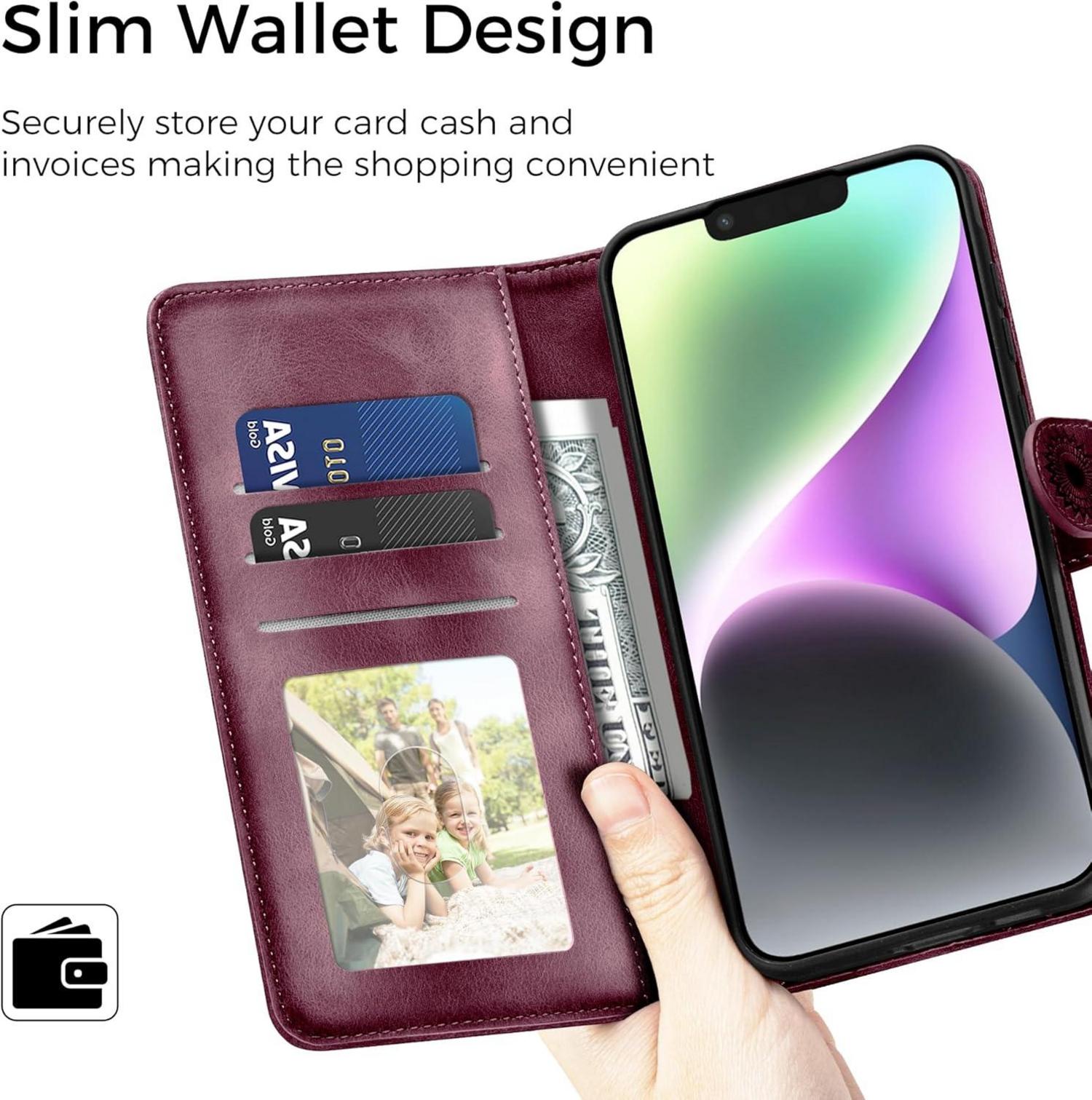 EASDNB iPhone 14 Lederhülle Weinrot Wallet Case Prägung