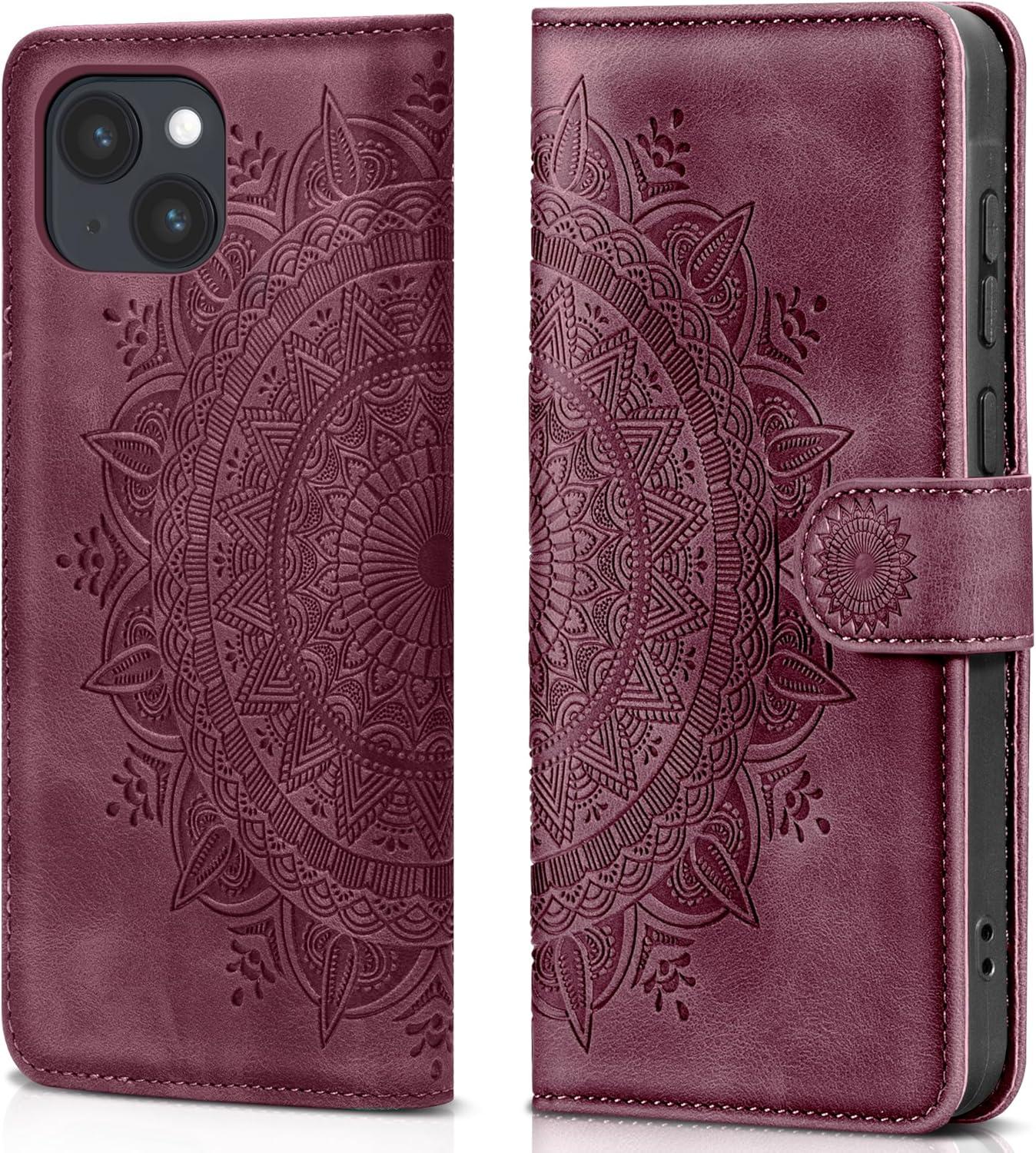 iPhone 14 Lederhülle Weinrot Flip Wallet Case mit Ständer und Prägung