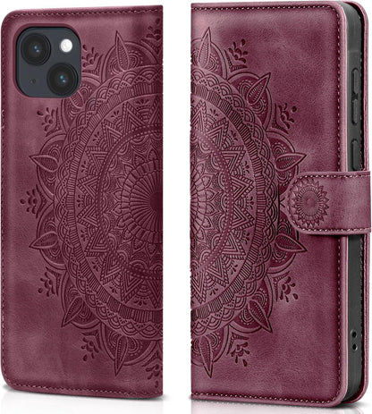 iPhone 14 Lederhülle Weinrot Flip Wallet Case mit Ständer und Prägung