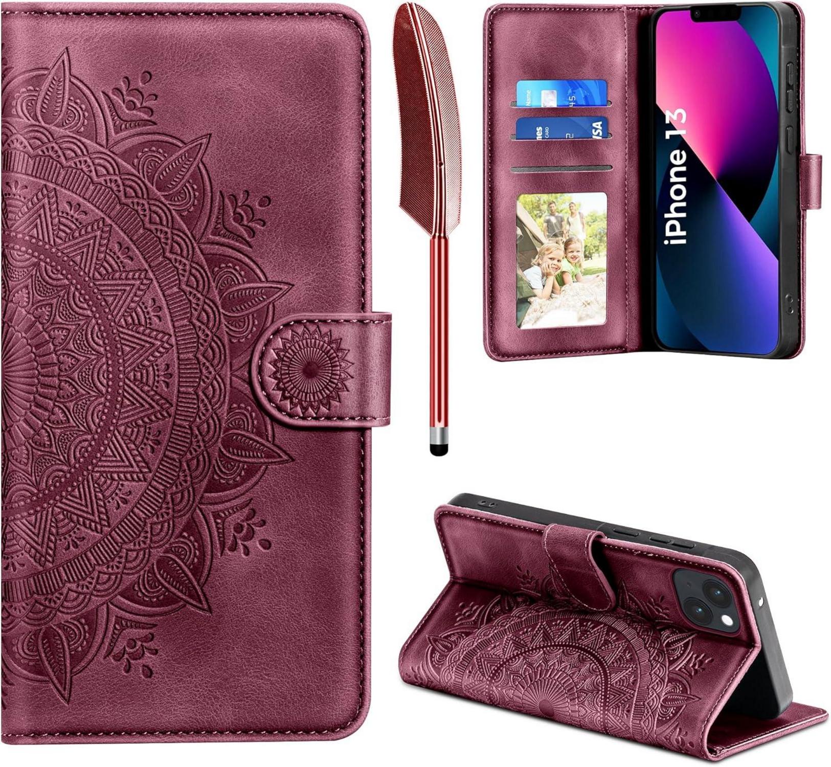 iPhone 13 Hülle Wallet Case Kartenfach Ständer Schutzhülle Weinrot