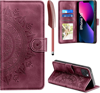 iPhone 13 Hülle Wallet Case Kartenfach Ständer Schutzhülle Weinrot