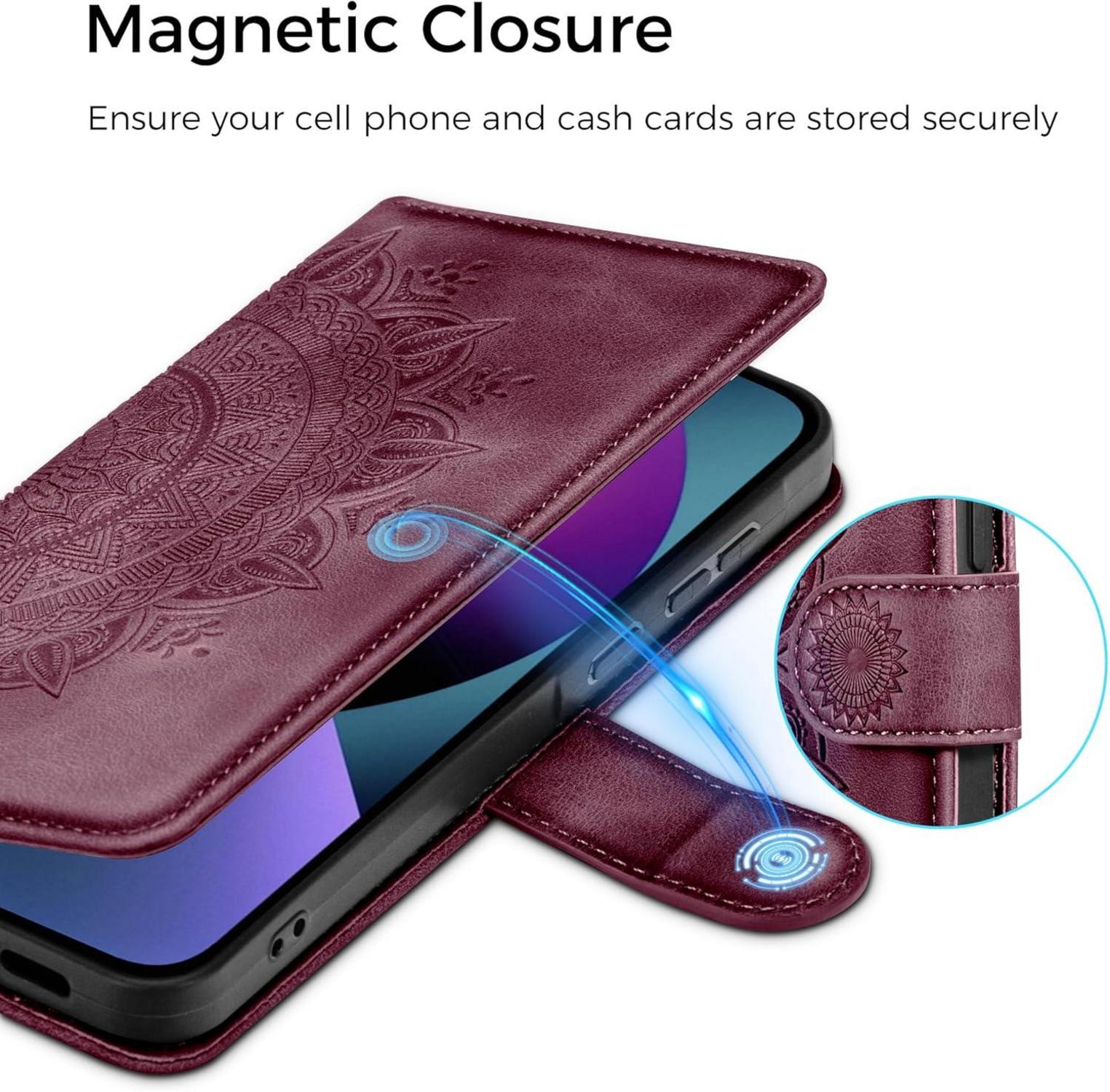 EASDNB iPhone 13 Lederhülle Weinrot Wallet Flip Case