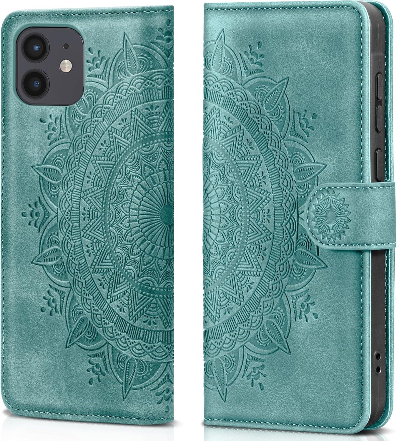 Handyhülle für iPhone 12/12 Pro Schutzhülle PU Leder Wallet Tasche Grün