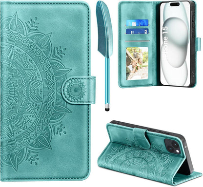 Lederhülle für iPhone 15 Flip Wallet Schutzhülle Grün Magnet Ständer
