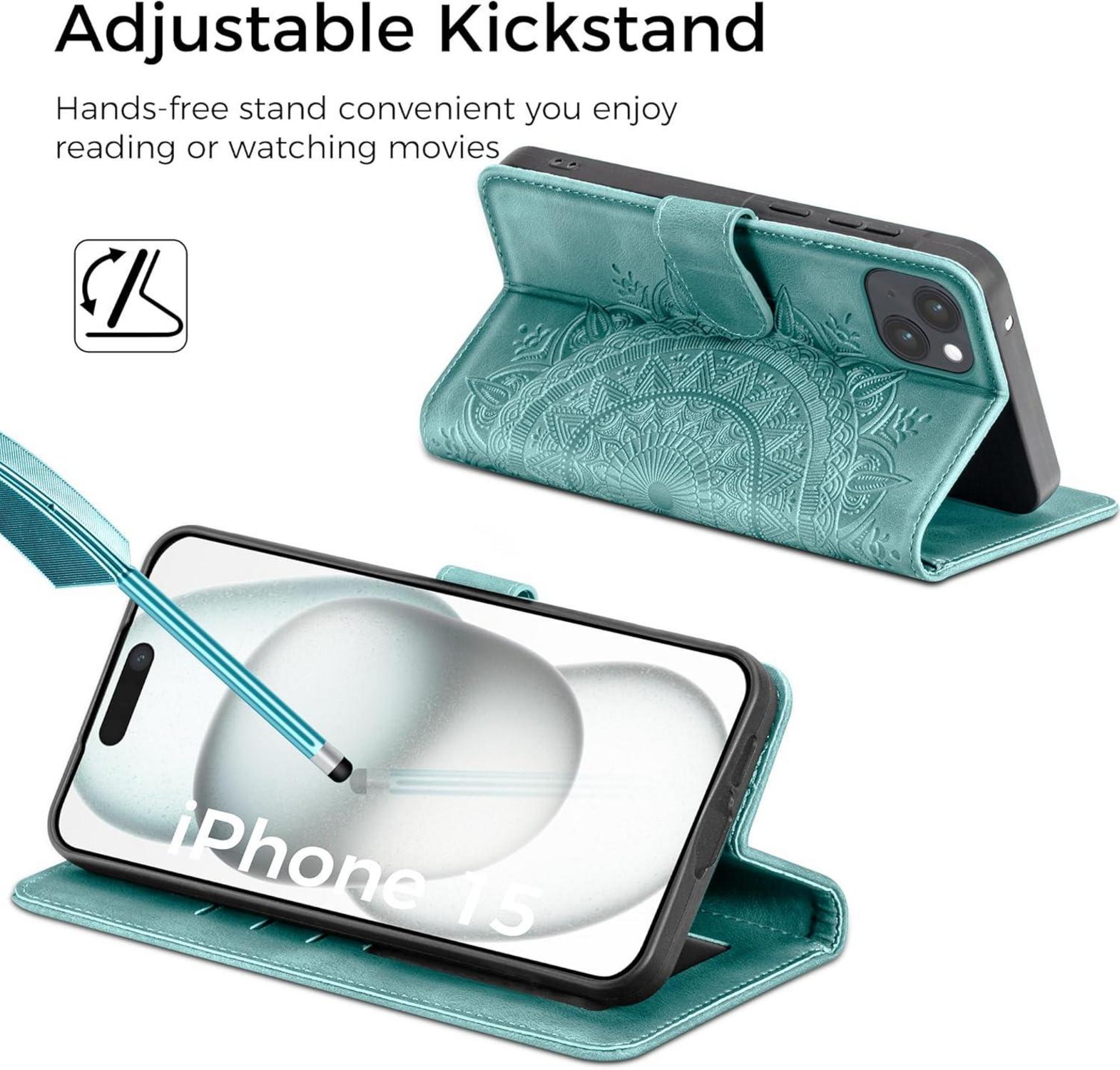 Lederhülle für iPhone 15 Flip Wallet Schutzhülle Grün Magnet Ständer
