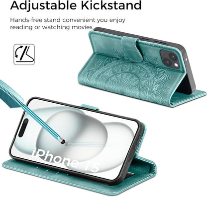 Lederhülle für iPhone 15 Flip Wallet Schutzhülle Grün Magnet Ständer