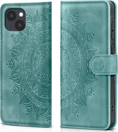 EASDNB iPhone 15 Lederhülle Flip Wallet Case Grün Schutzhülle