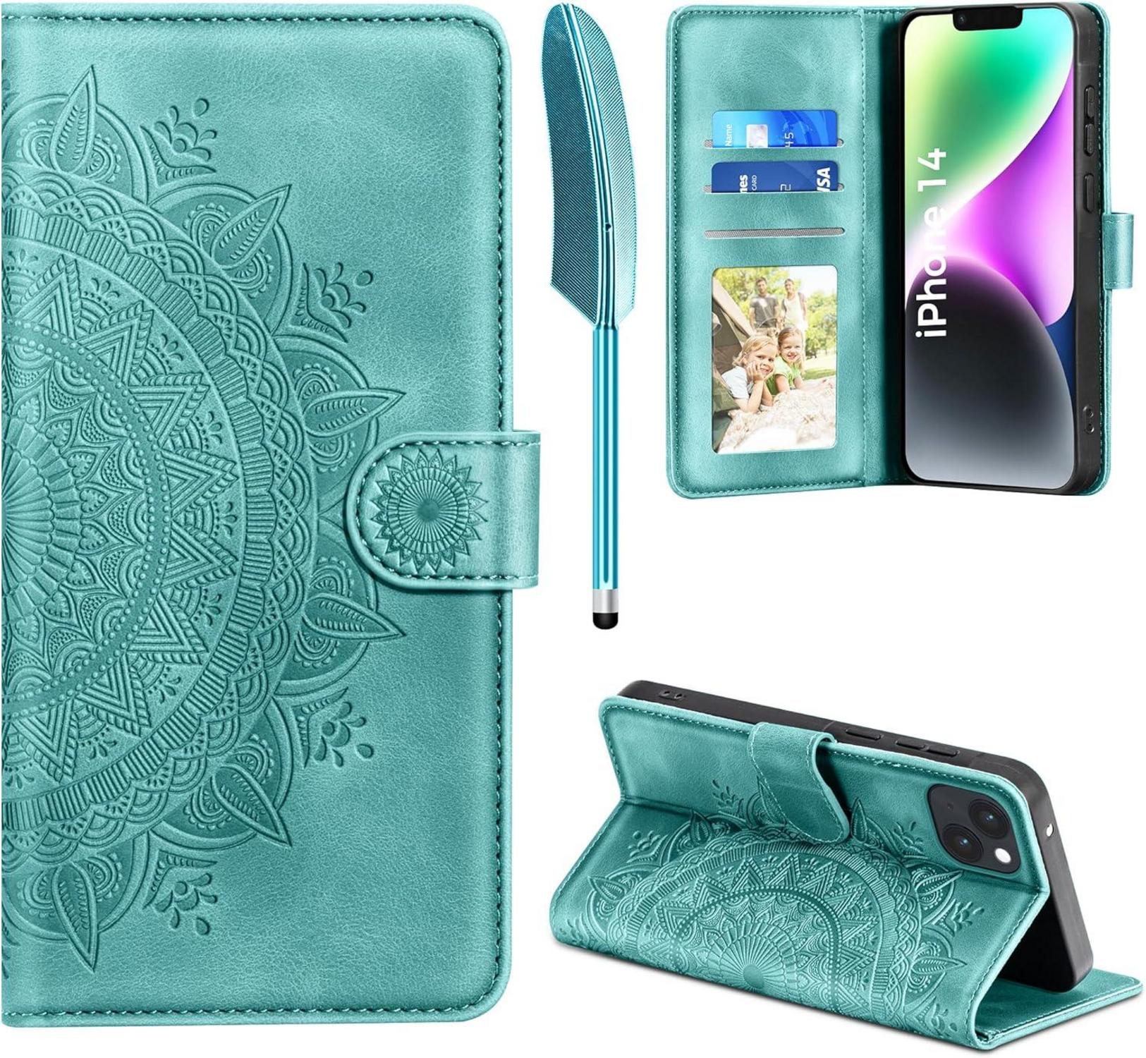 iPhone 14 Lederhülle Wallet Flipcase Magnet Ständer Grün
