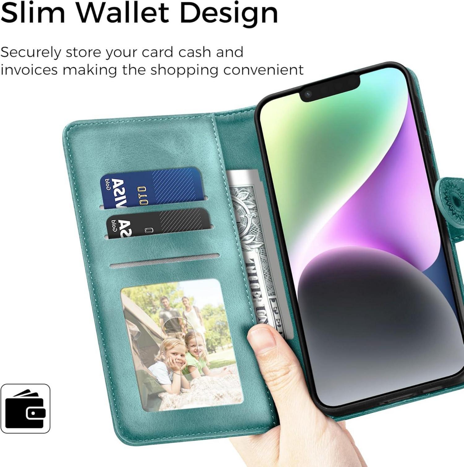 Lederhülle für iPhone 14 Flip Wallet Case Grün Schutzhülle
