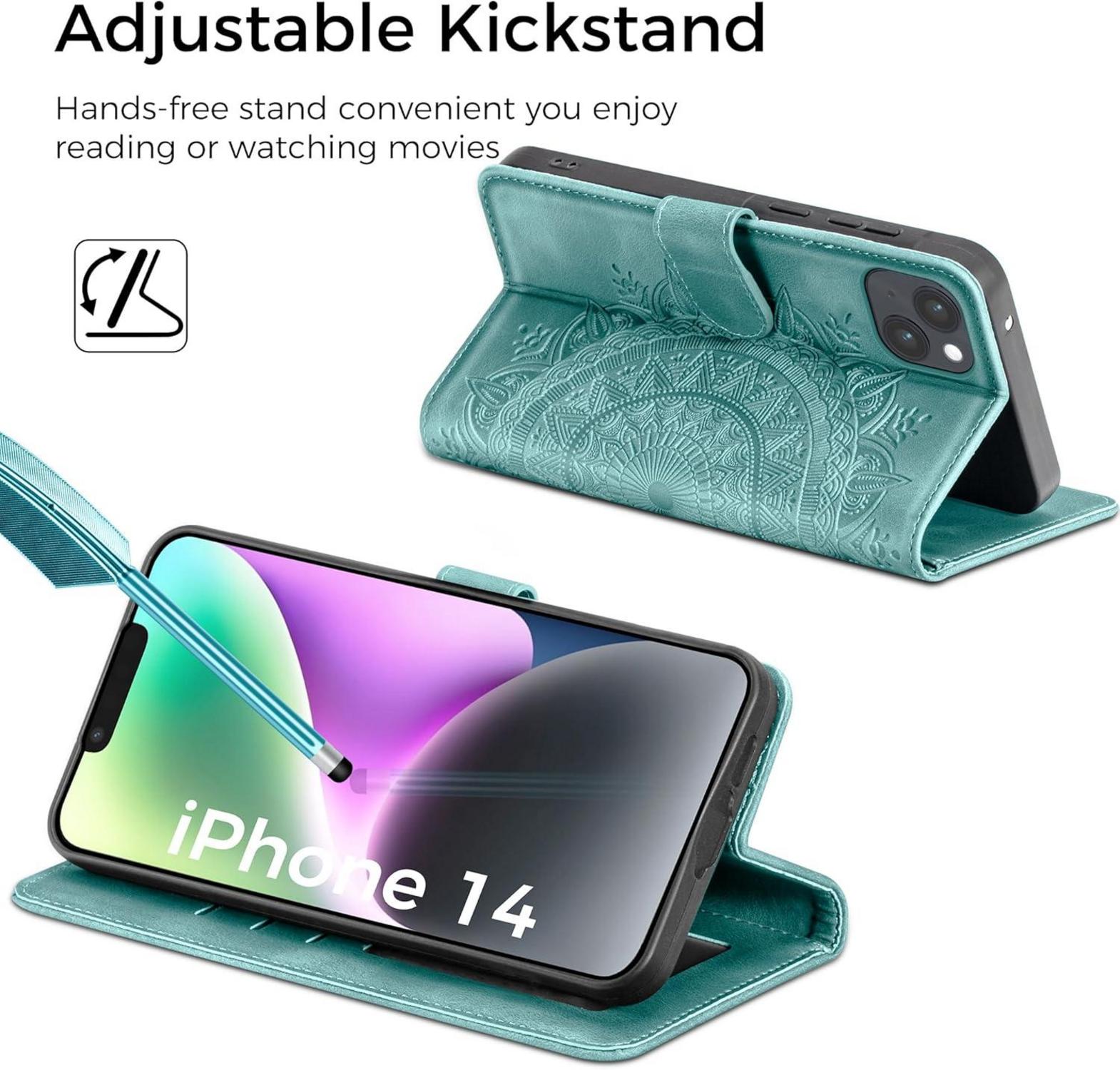 iPhone 14 Lederhülle Wallet Flipcase Magnet Ständer Grün
