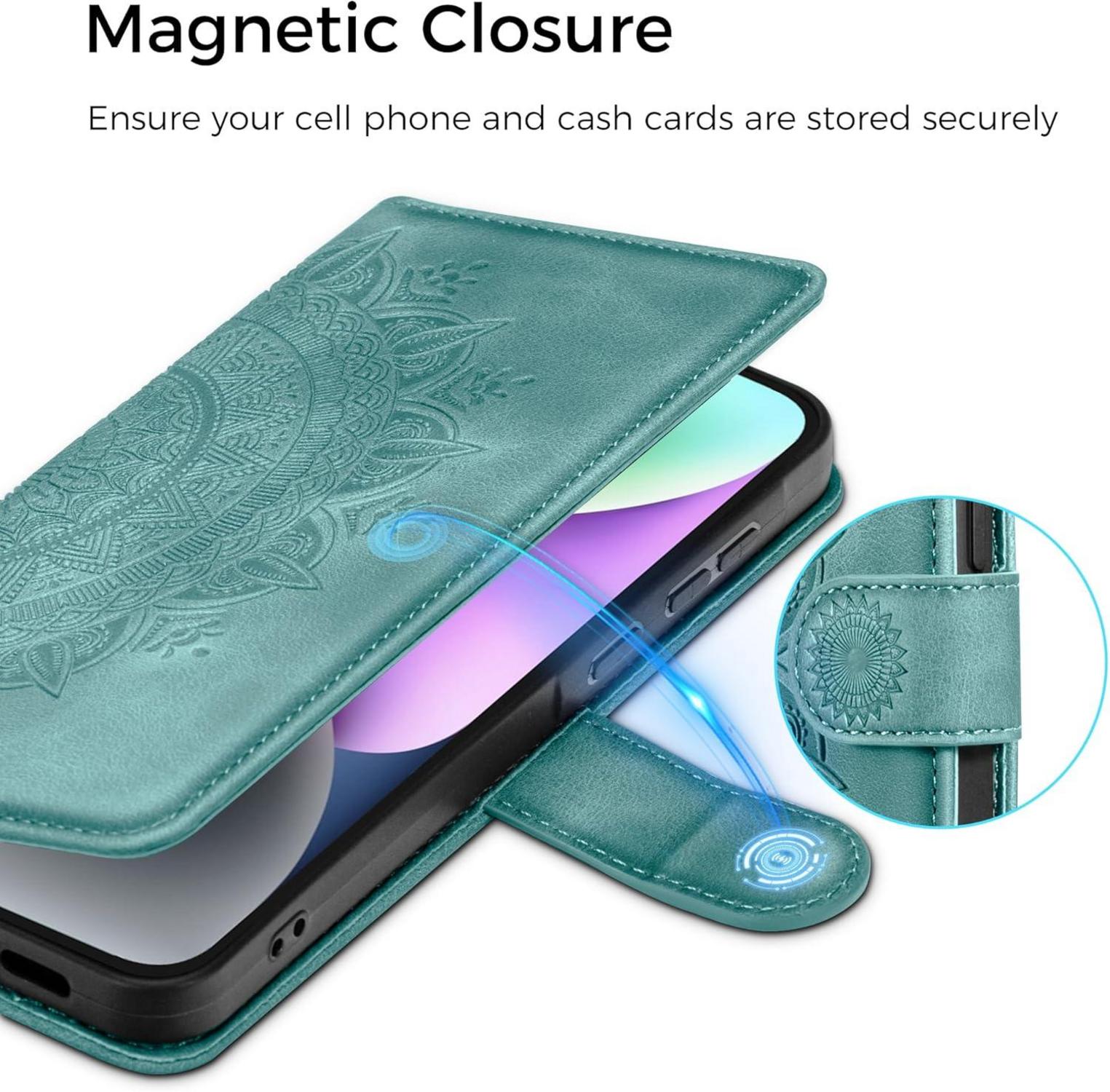 EASDNB iPhone 14 Lederhülle Wallet Case Grün Prägung Standfunktion