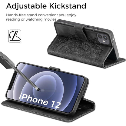 iPhone 12/12 Pro Hülle mit Kartenfach und Ständer Schwarz in Lederoptik