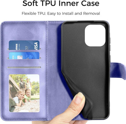 iPhone 14 Lederhülle Wallet Case in Lila mit Prägung, Magnet und Ständer