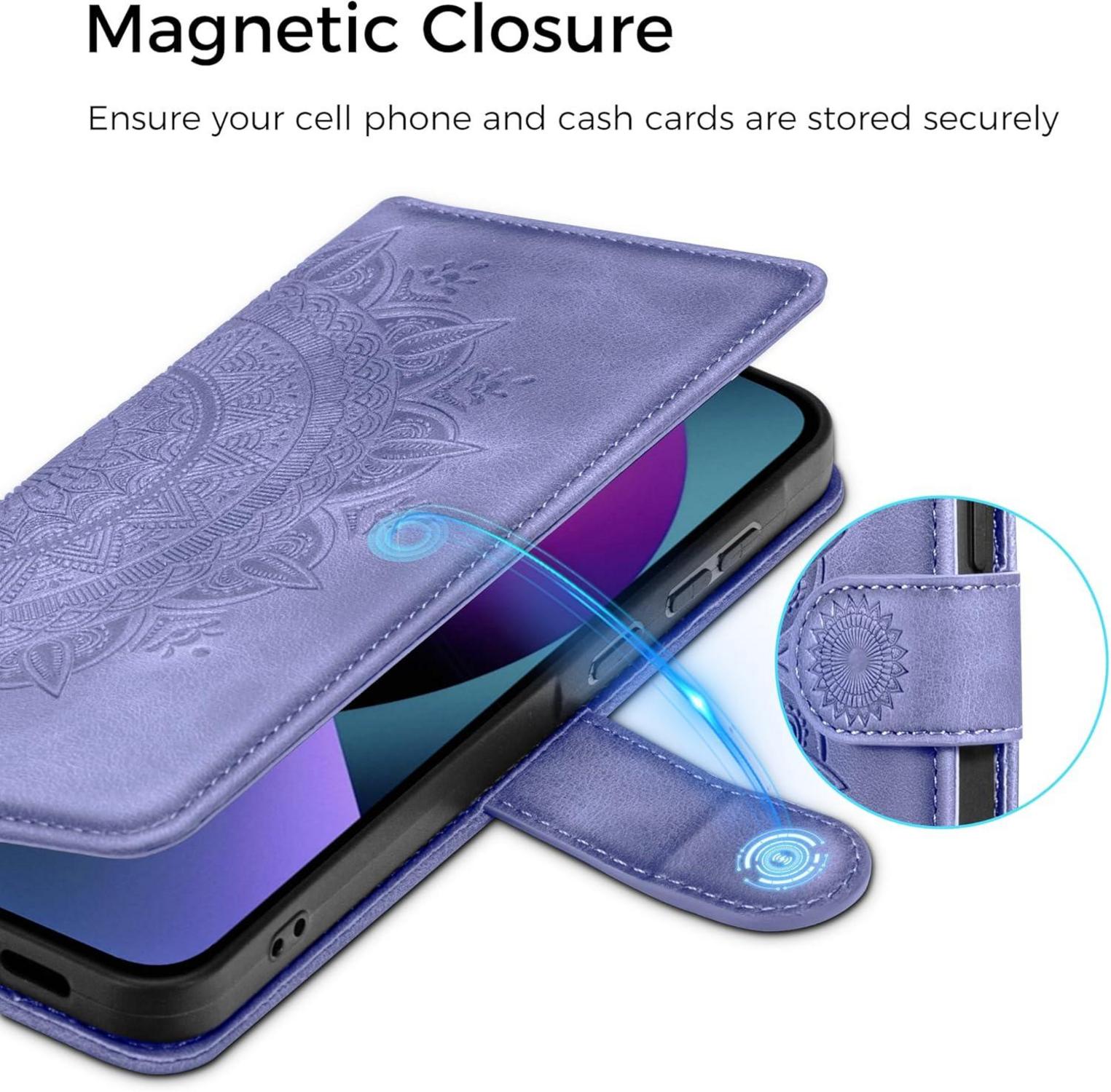 iPhone 13 Lila Lederhülle Wallet Case Prägung Schutzhülle Ständer