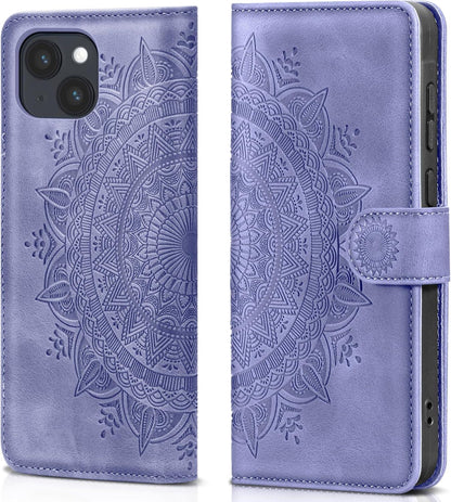 iPhone 13 Lila Lederhülle Wallet Case Prägung Schutzhülle Ständer