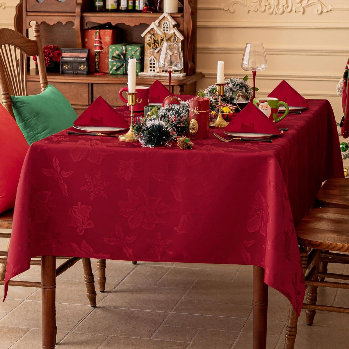 Weihnachtliche Jacquard-Servietten rot-blumig, 4er Set, 50x50cm