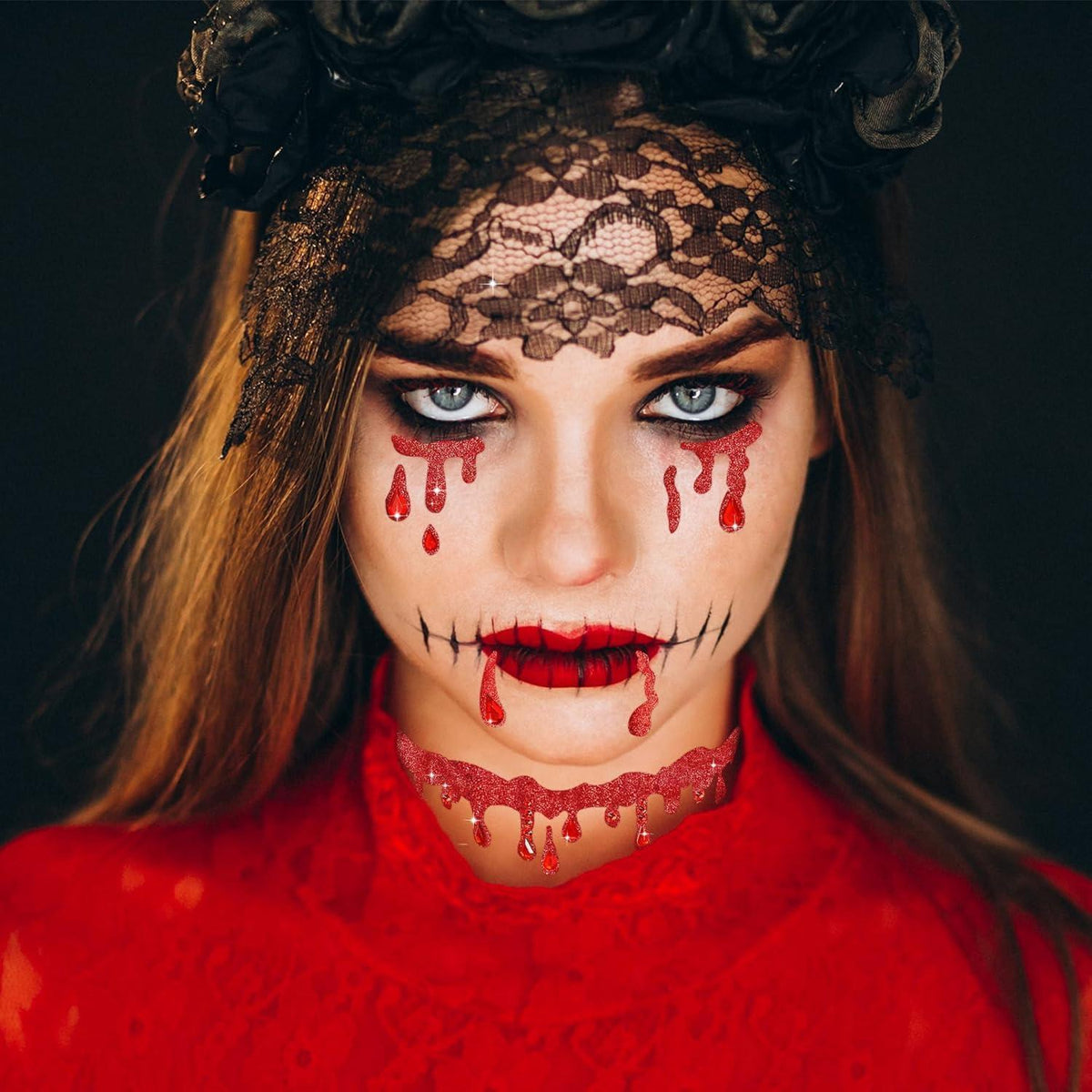 Vampir Schmuckset mit Glitzersteinen & Hexenhut für Halloween