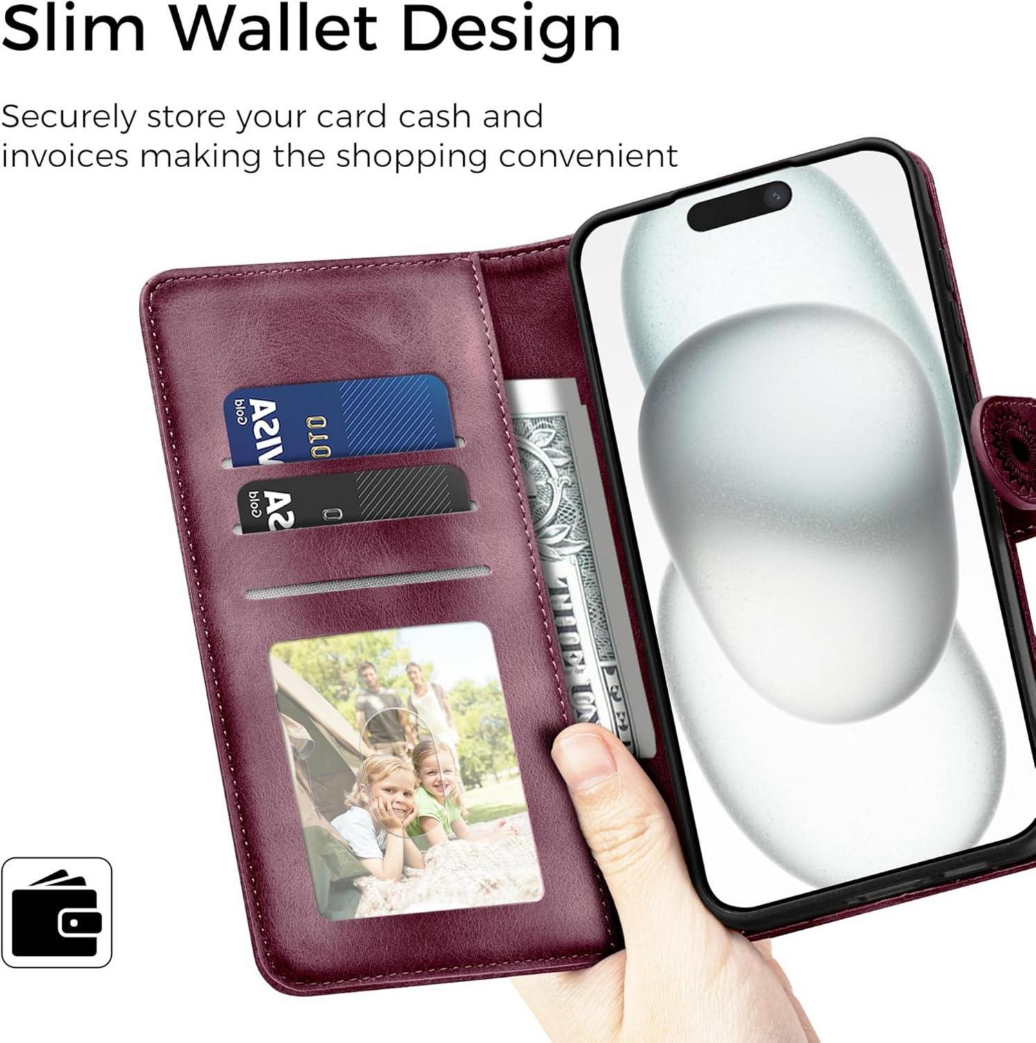EASDNB iPhone 15 Lederhülle Flip Wallet PU Weinrot