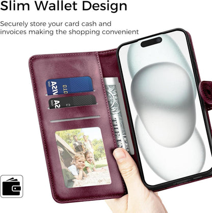 EASDNB iPhone 15 Lederhülle Flip Wallet PU Weinrot