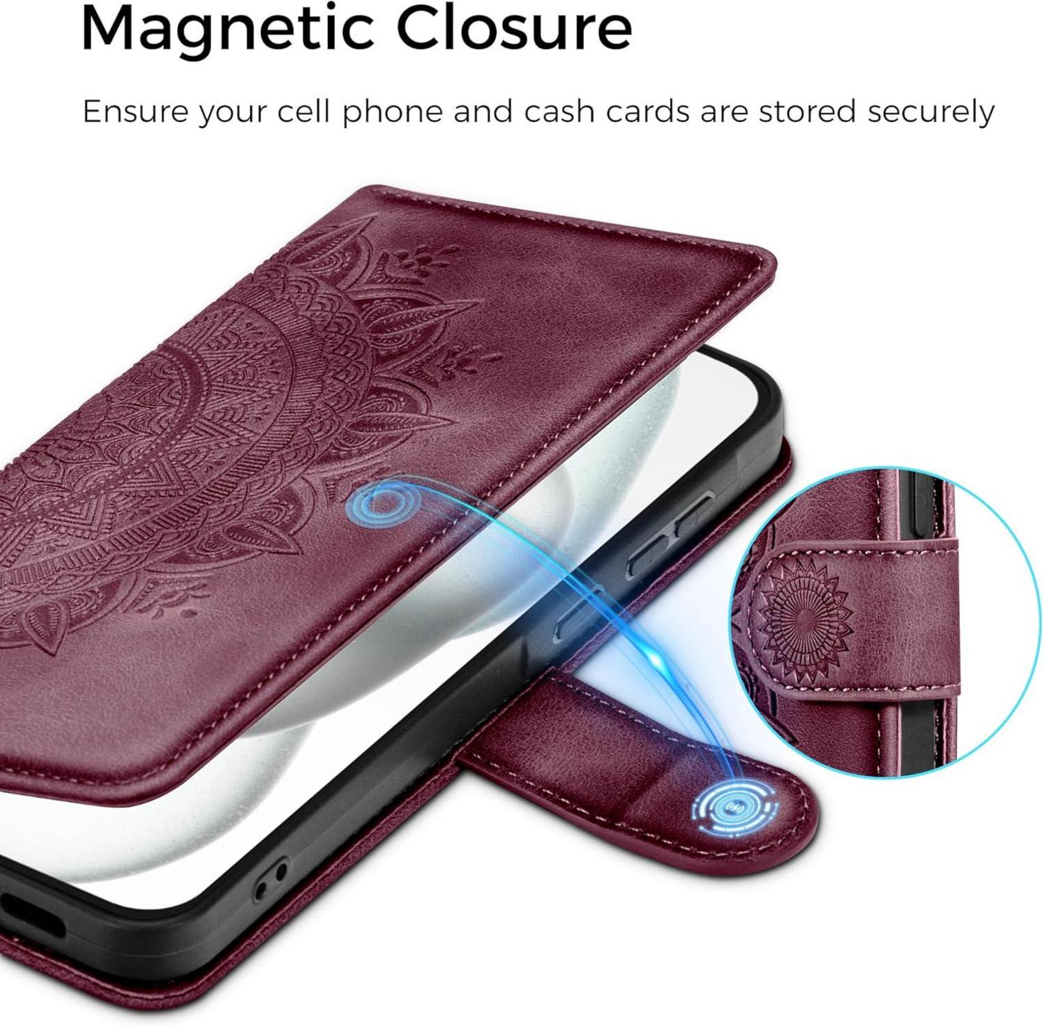 iPhone 15 Lederhülle Wallet Case Weinrot Magnet Ständer Kartenfach