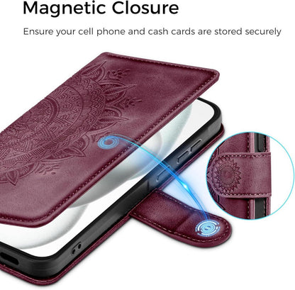 iPhone 15 Lederhülle Wallet Case Weinrot Magnet Ständer Kartenfach