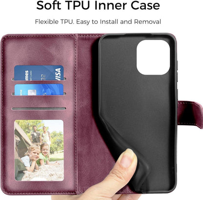 Lederhülle für iPhone 15 Weinrot Wallet Case Magnet Ständer