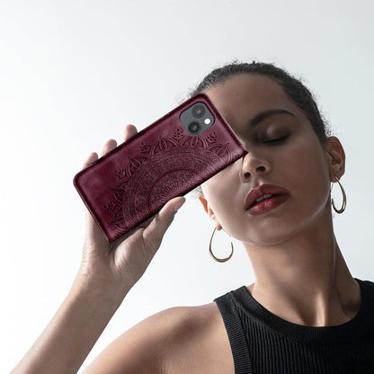 Lederhülle für iPhone 15 Weinrot Wallet Case Magnet Ständer