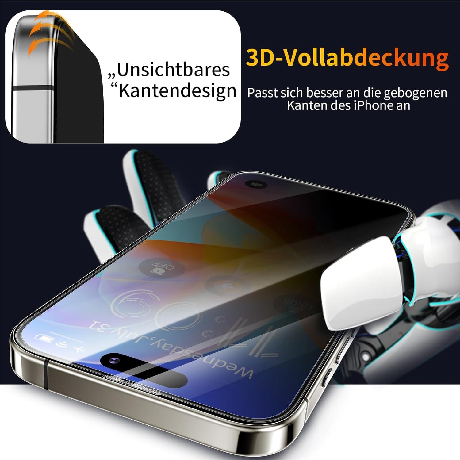 Tentoki Sichtschutz Panzerglas iPhone 15 Plus/14 Pro Max/16 Plus 6,7 Zoll Face ID Anti-Spionage Ultra-Privatsphäre 2 Stück