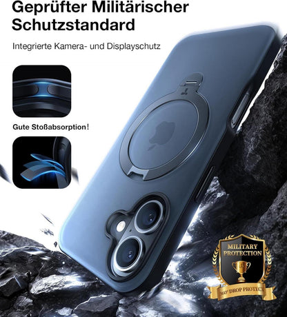 TORRAS iPhone 16 Hülle 360° Ostand Spin Magsafe Schwarz Militärschutz