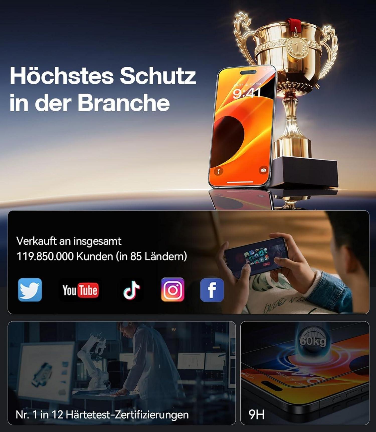 iPhone 16 Pro Max Panzerglas Schutzfolie 9H+ 2 Stück
