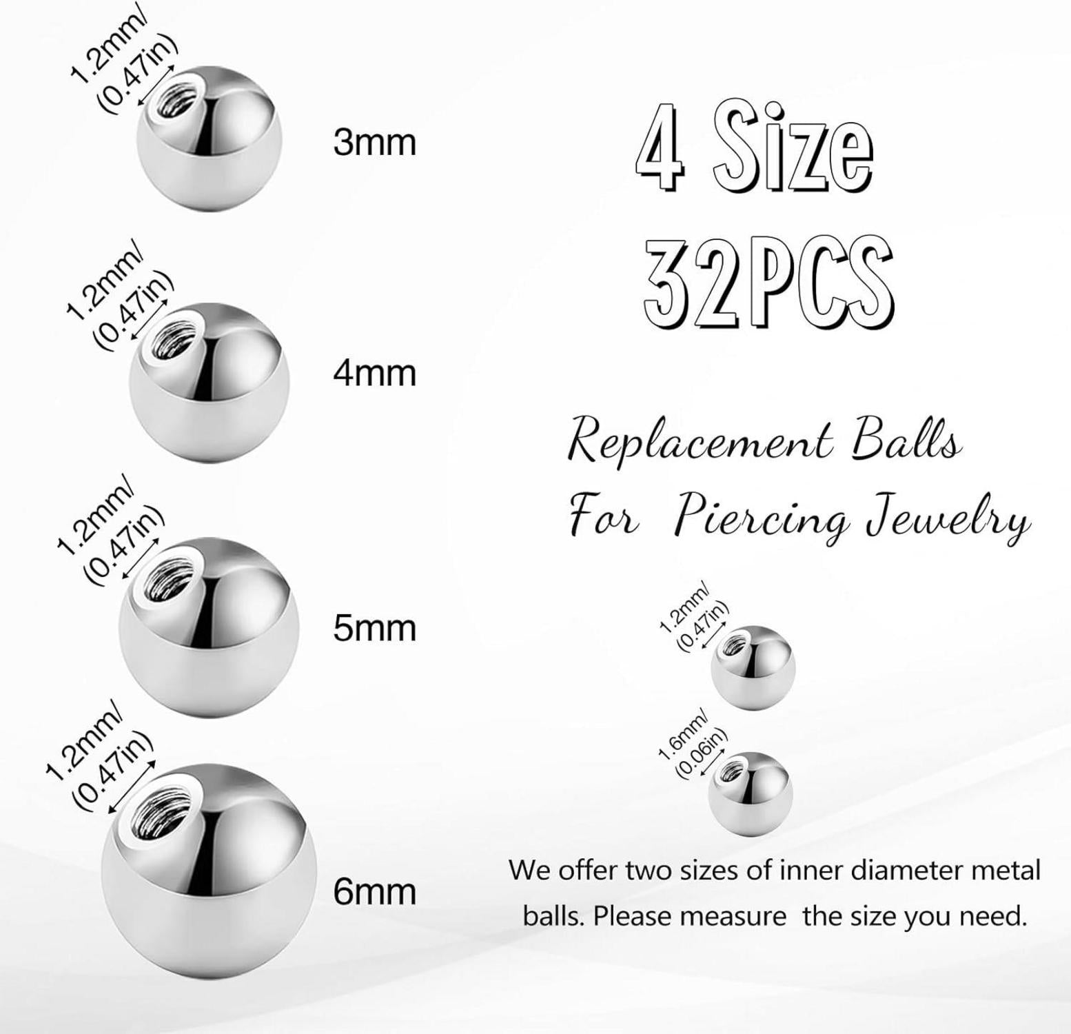 Edelstahl Piercing Kugeln Set 32stk Silber 1,2mm Ersatzkugel Bauchnabel Nase Lippe