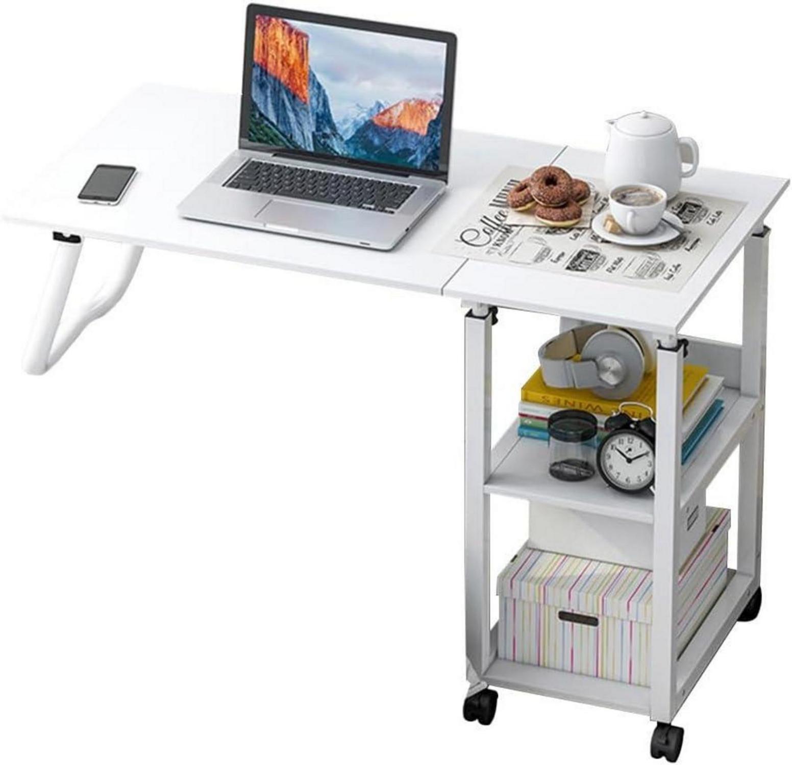 Höhenverstellbarer Laptoptisch mit 2 Regalen, Rollen