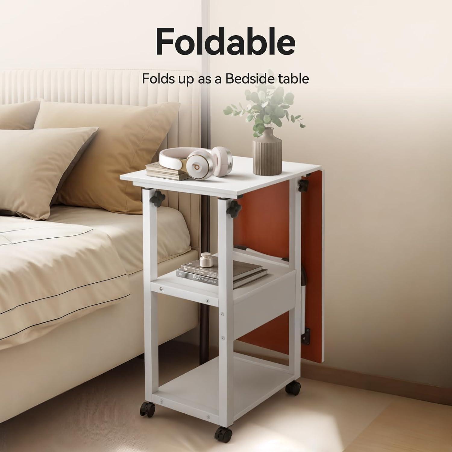 Höhenverstellbarer Schreibtisch Holz mit 2 Regal, Laptoptisch Rollen, Beistelltisch White