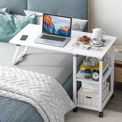 Höhenverstellbarer Schreibtisch Holz mit 2 Regal, Laptoptisch Rollen, Beistelltisch White