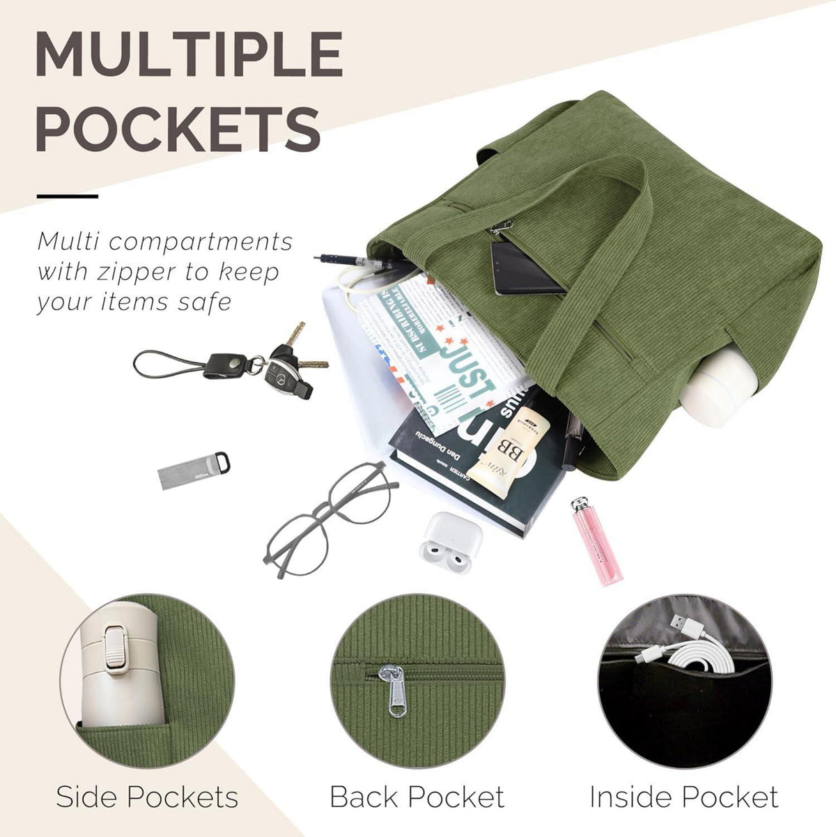 Leichtes Großes Cord-Tote Bag mit Reißverschluss und Taschen, Grün