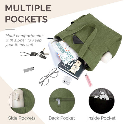 Leichtes Großes Cord-Tote Bag mit Reißverschluss und Taschen, Grün