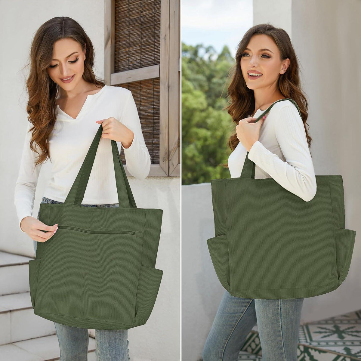 Cordury Tote Bag Groß Reißverschluss Taschen Reisen Fitnessstudio Urlaub Grün