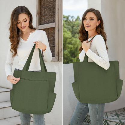 Cordury Tote Bag Groß Reißverschluss Taschen Reisen Fitnessstudio Urlaub Grün