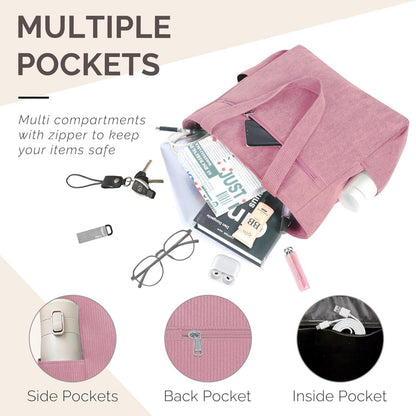Große Cordury Umhängetasche mit Reißverschluss und Taschen - Rosa