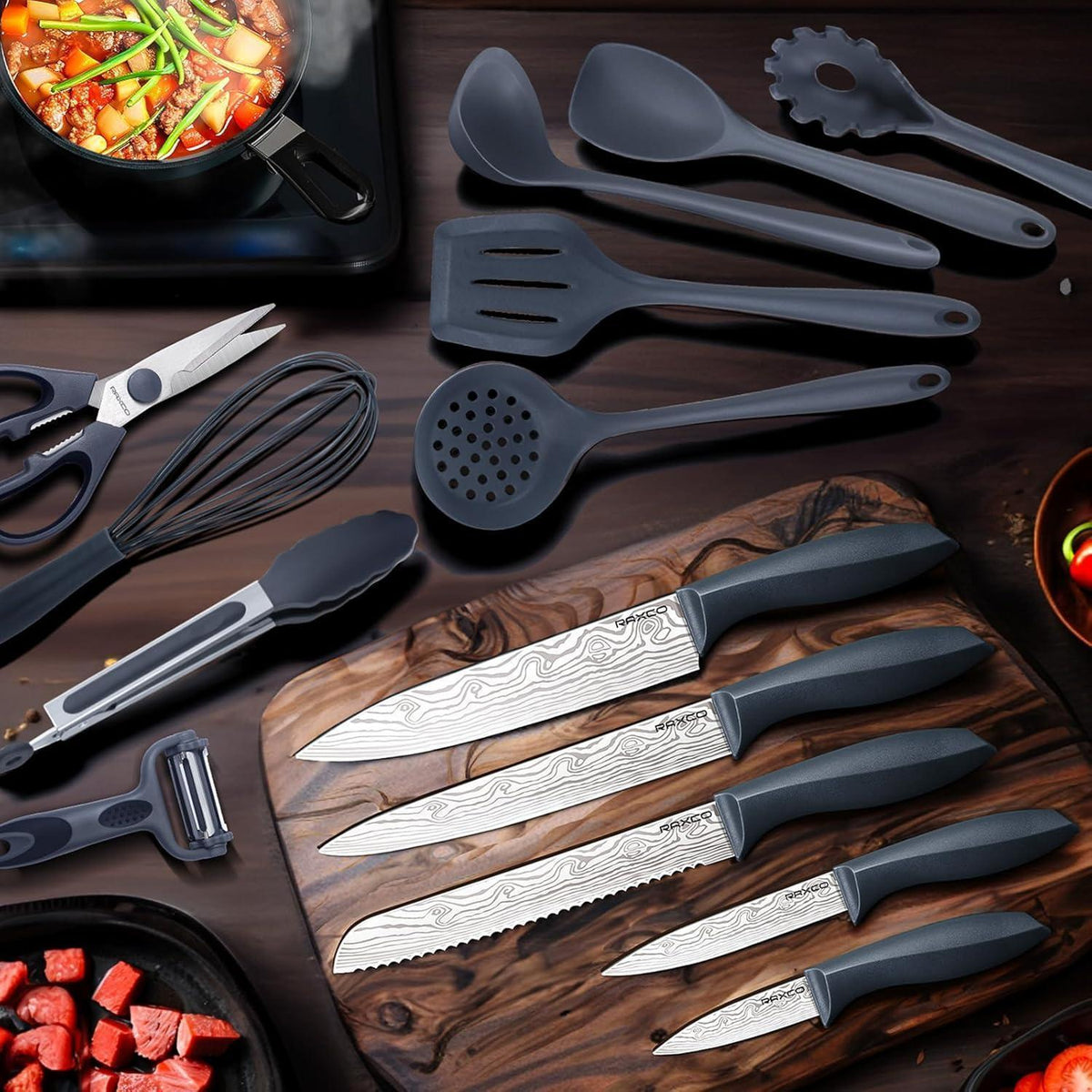 18-teiliges Küchenmesser-Set mit Silikon-Utensilien & Messerblock Grau