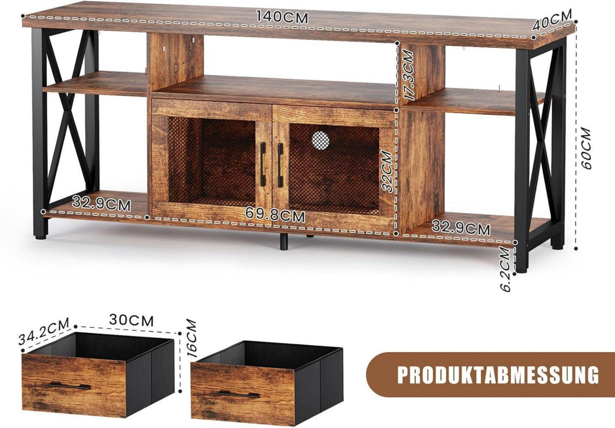 TV Schrank im Industriestil mit Metallgittertür - 140cm