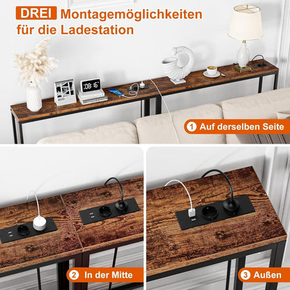 Schmaler Konsolentisch mit Steckdosen und USB, Vintagebraun