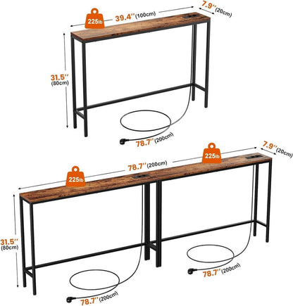 Schmaler Retro Konsolentisch mit Steckdosen und USB-Anschlüssen
