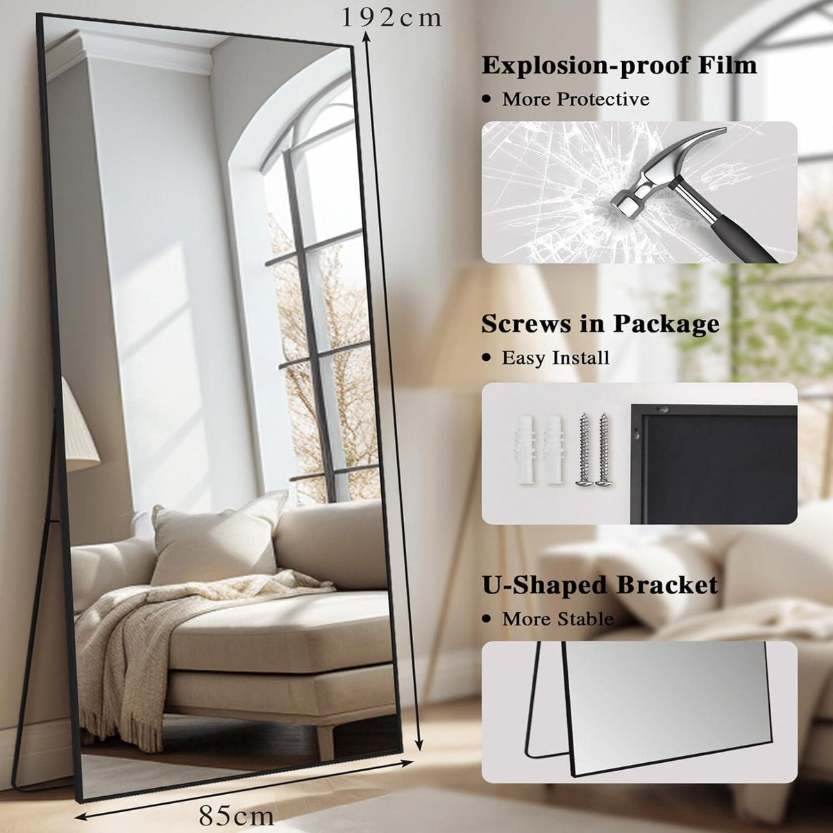 Ganzkörperspiegel 192x85cm – Stehspiegel für Schlafzimmer & Wohnzimmer