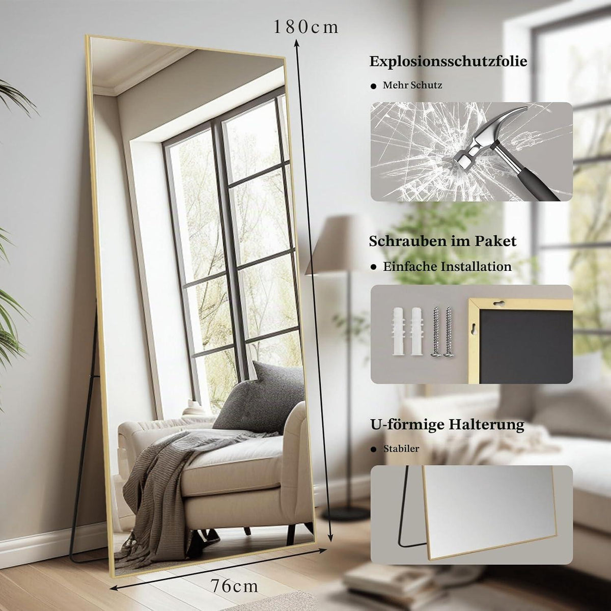 Ganzkörperspiegel 180x76cm – Stehspiegel für Schlafzimmer & Wohnzimmer