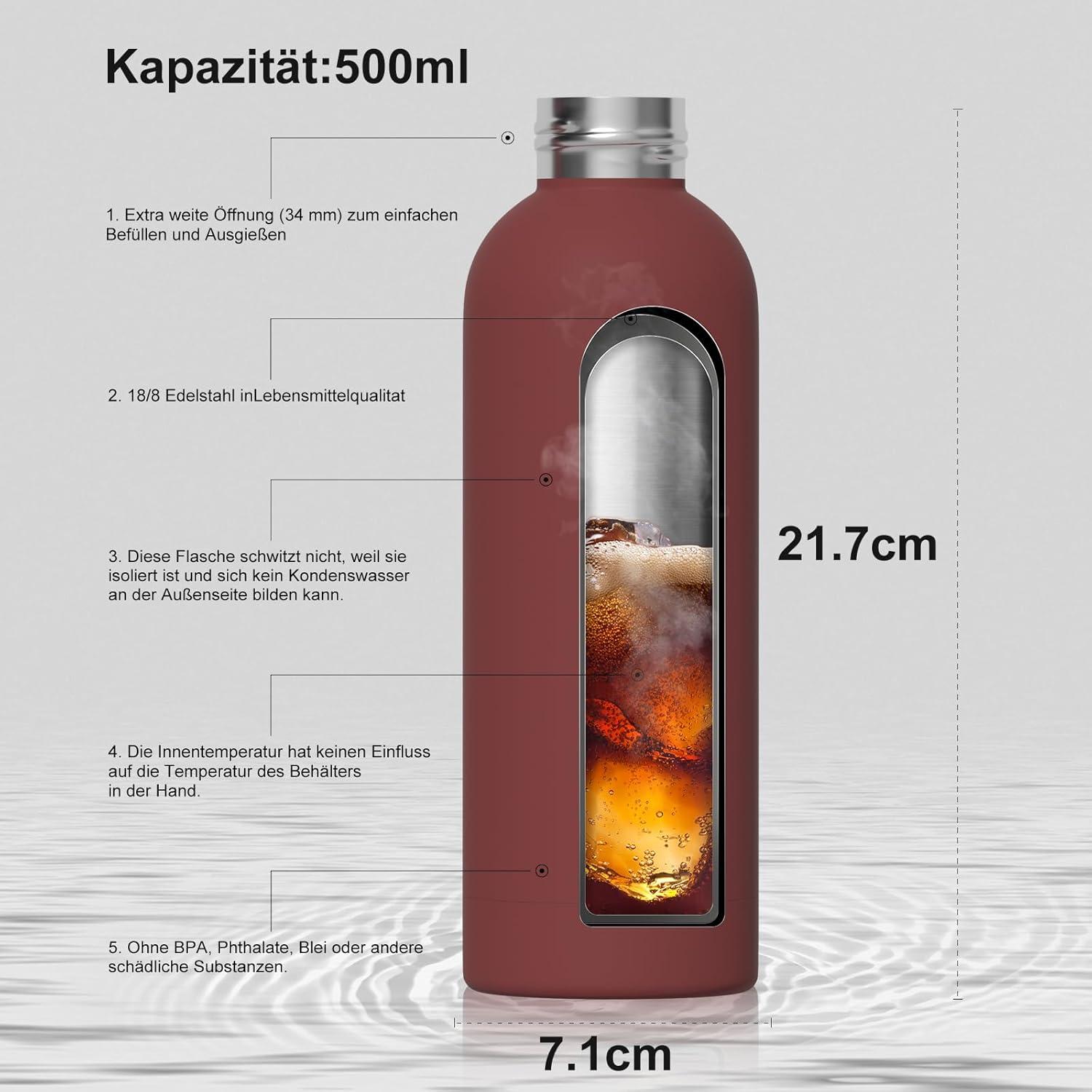 Isolierte Edelstahl Trinkflasche 500ml Thermo Wasserflasche Rot